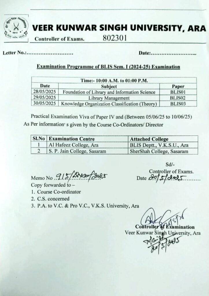 VKSU ARA BLIS Semester-1 Admit Card 2024-25
