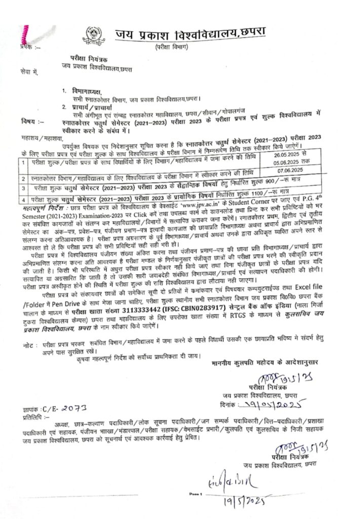 JP University PG 4th Semester 2021-23 Exam Form