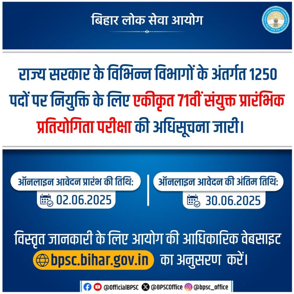 BPSC 71st Notification 2025 For 1250 Post