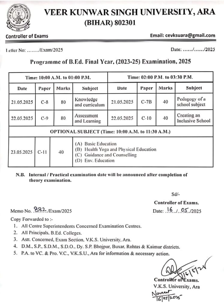 VKSU ARA B.Ed 2nd Year Admit Card 2023-25 Download