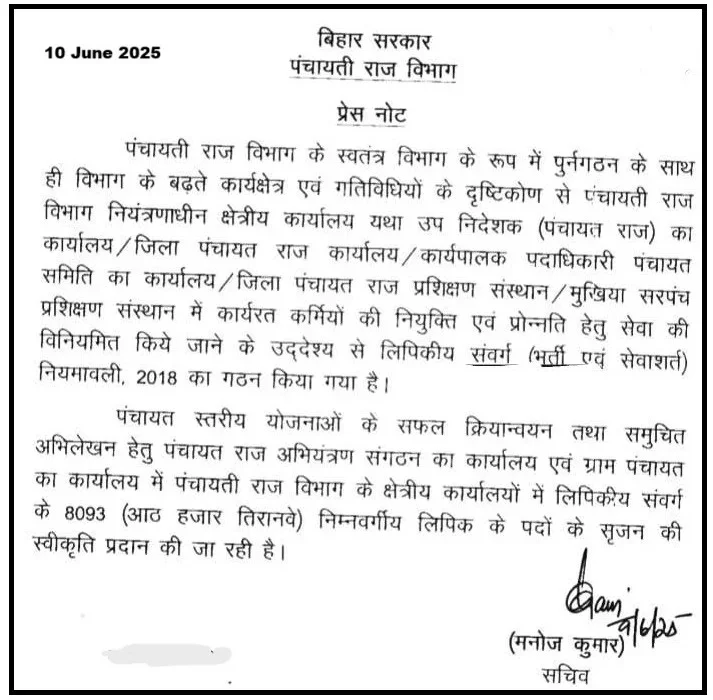 Bihar Panchayati Raj vibhag LDC vacancy 2025