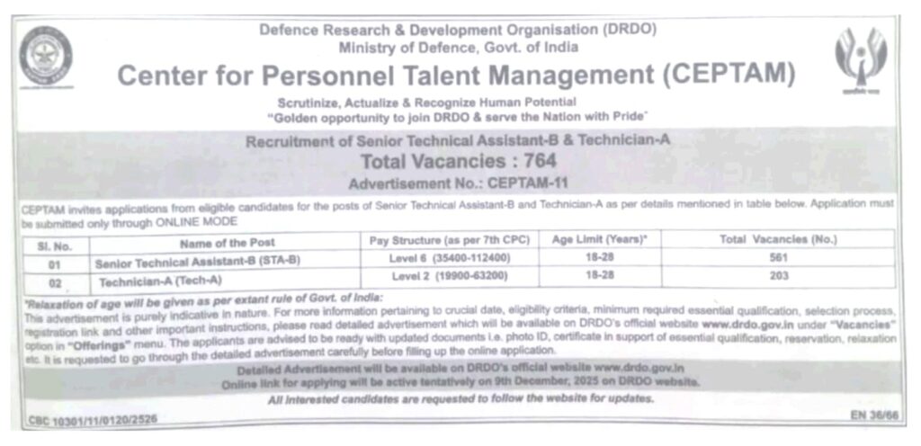 DRDO CEPTAM 11 Recruitment 2025