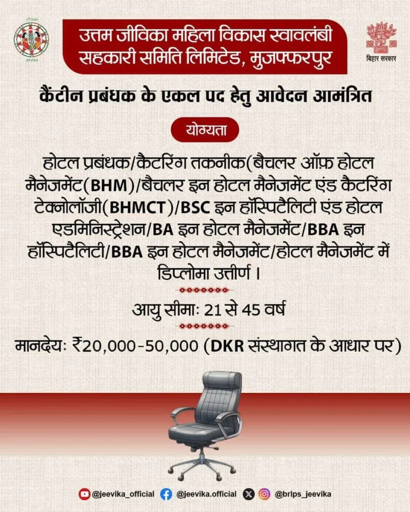 Bihar Jeevika Canteen Manager Vacancy 2026