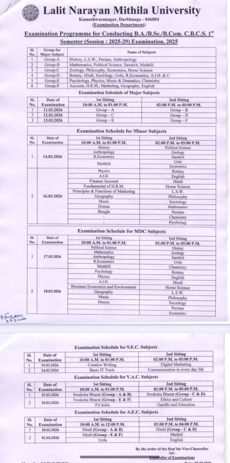 LNMU UG 1st semester Admit Card 2025-29