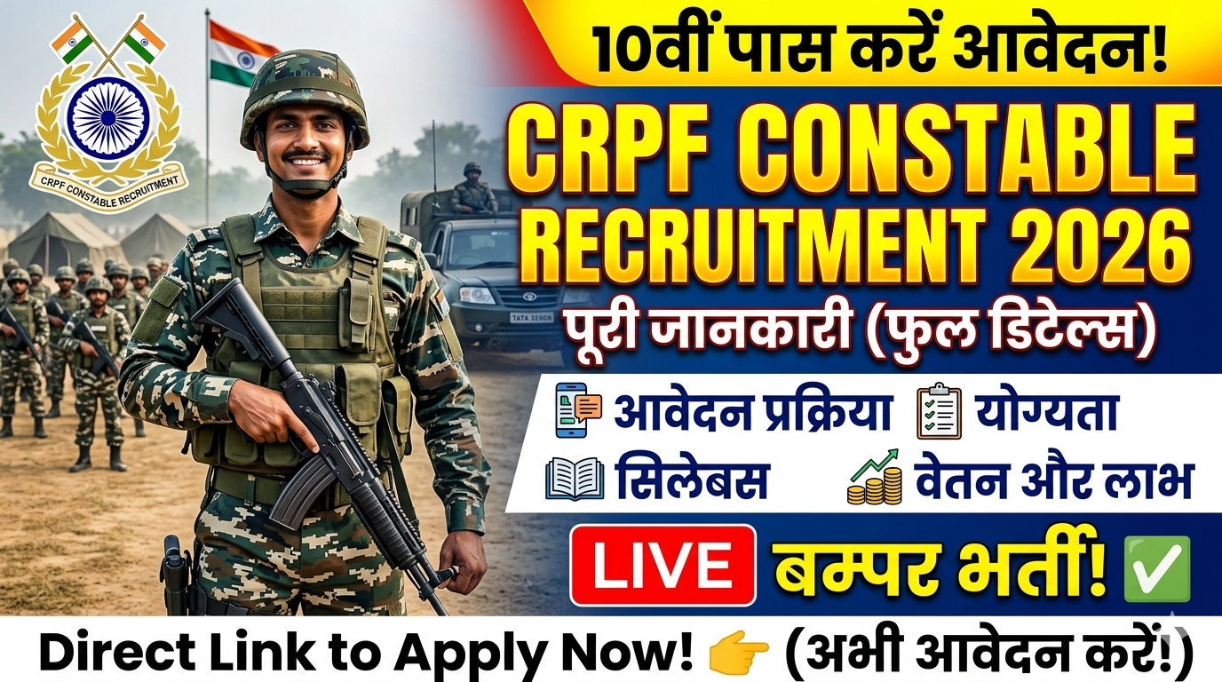 CRPF Constable Recruitment 2026 – पूरी जानकारी (फुल डिटेल्स, आवेदन प्रक्रिया, योग्यता, सिलेबस)