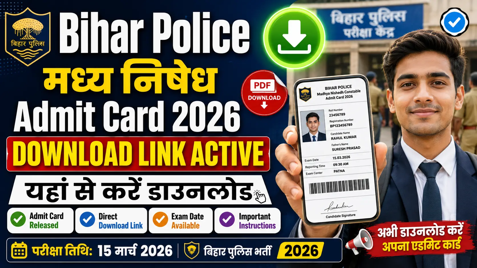Bihar Madhya Nishedh Admit Card 2026 : CSBC Prohibition Constable and Jail Warder Admit Card 2026