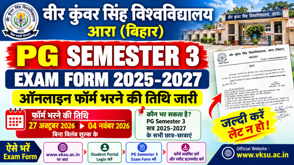 VKSU Ara PG Semester 3 Exam Form 2025-2027 Vksu MA MSc Mcom exam Form 2025-27